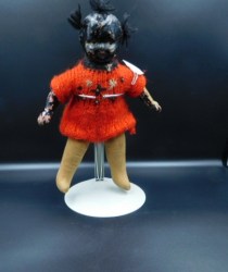 11" BLACK BISQUE FACE, CLOTH BODY 1940S DOLL, 3 TUFTS, RED SWEATER ONESIE